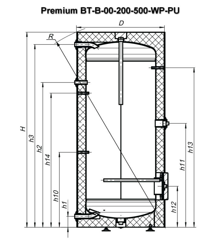 Бойлер без теплообменников Premium KHT BT-B-00-500-WP-PU чертеж