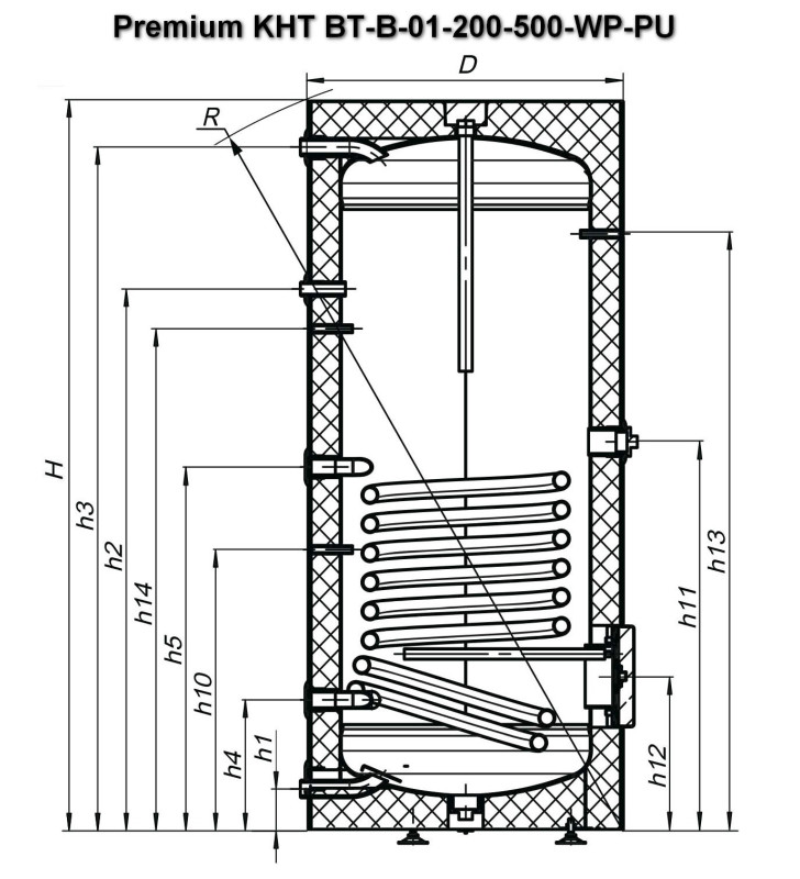 Бойлер с одним теплообменником Premium KHT BT-B-01-200-WP-PU чертеж