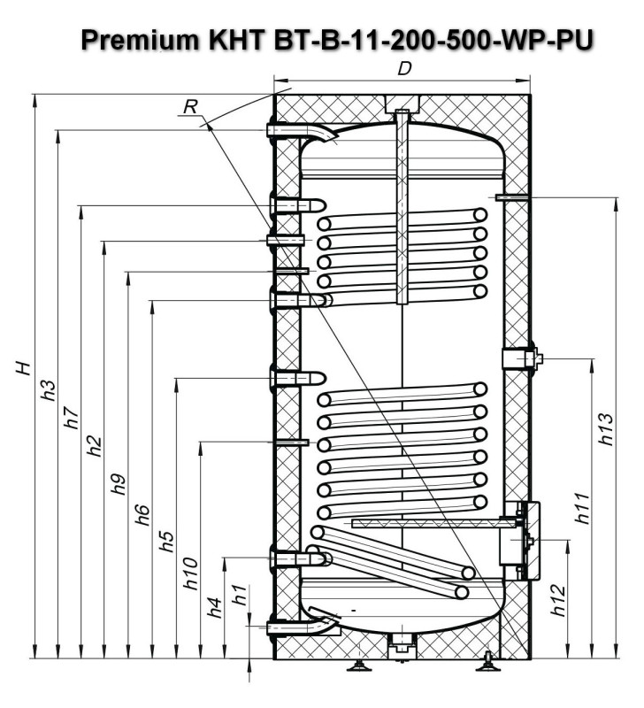 Бойлер с двумя теплообменниками Premium KHT BT-B-11-200-WP-PU чертеж