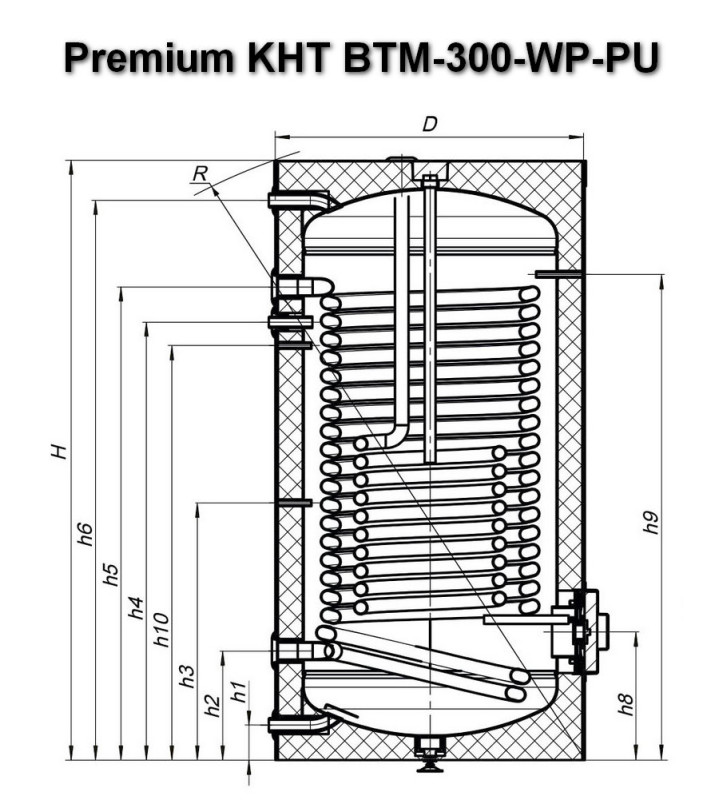 Бойлер с двумя теплообменниками для теплового насоса Premium KHT BTM-B-11-300-WP-PU чертеж