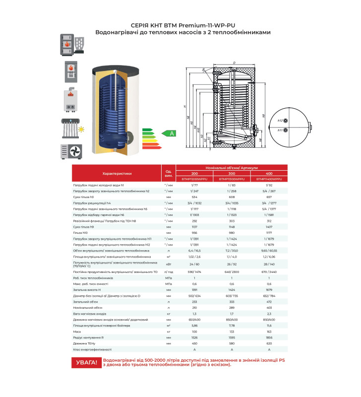 Бойлер с двумя теплообменниками для теплового насоса Premium KHT BTM-B-11-400-WP-PU техническая информация
