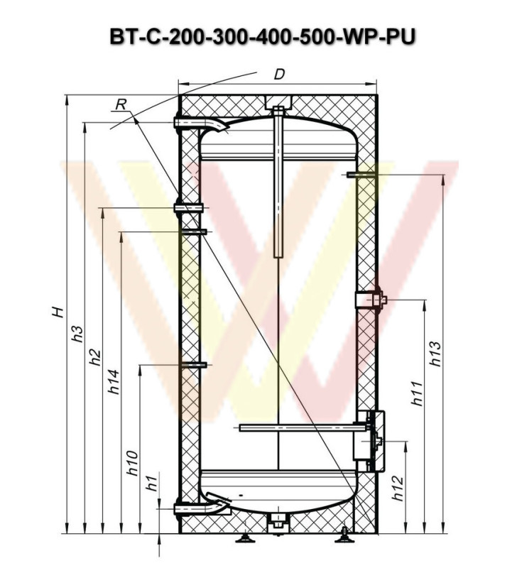 Бойлер без теплообменника BT-С-00-500-WP-PU чертеж