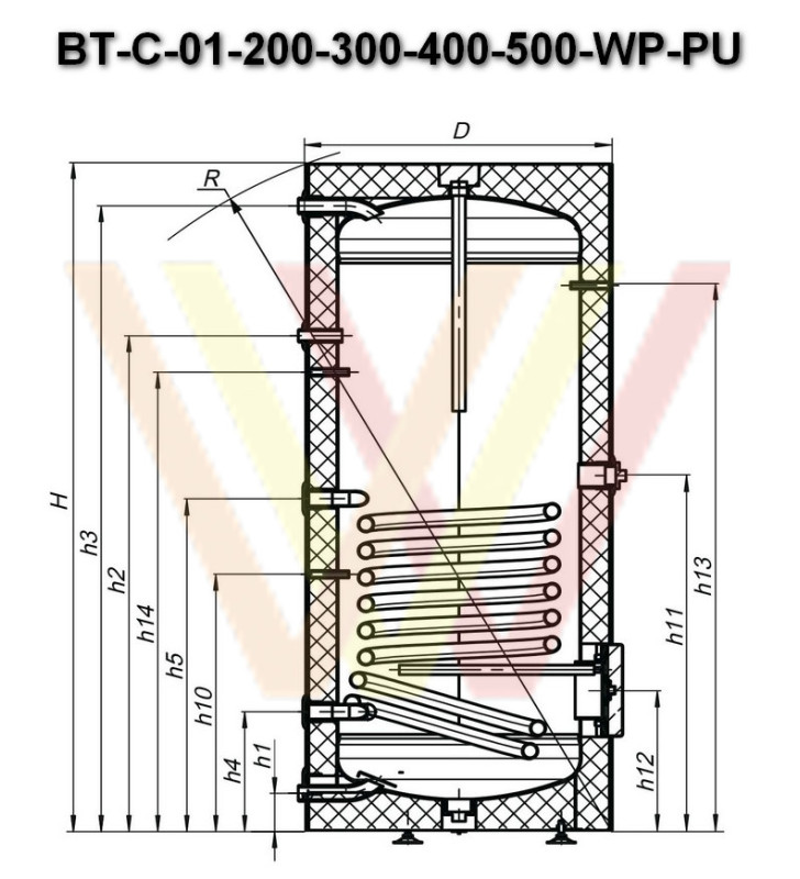 Бойлер с одним теплообменником BT-С-01-400-WP-PU чертеж