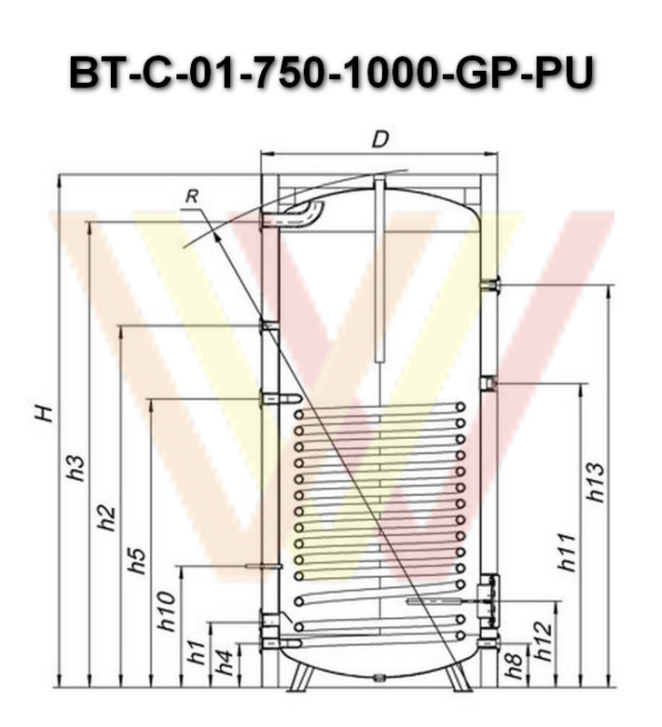 Бойлер с одним теплообменником BT-С-01-750-GP-PU чертеж