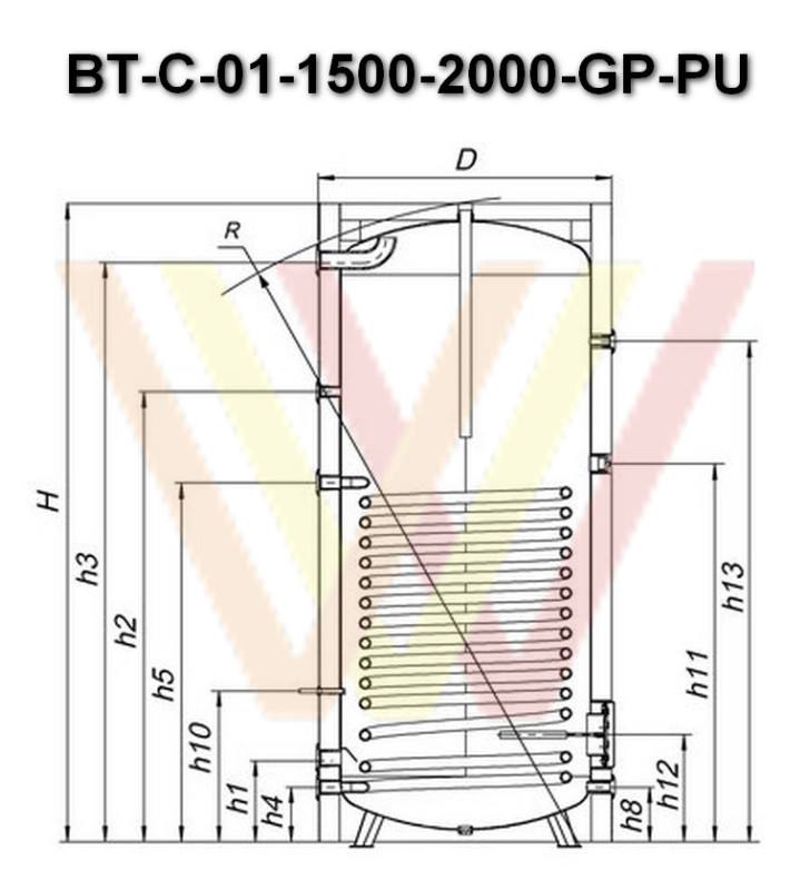 Бойлер с одним теплообменником BT-С-01-1500-GP-PU чертеж