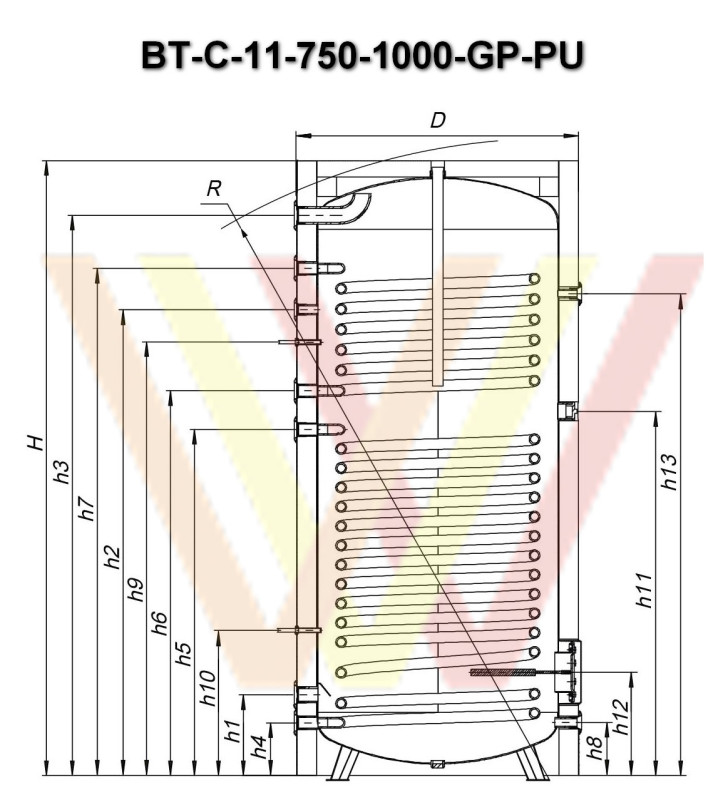 Бойлер с двумя теплообменниками BT-С-11-750-GP-PU чертеж