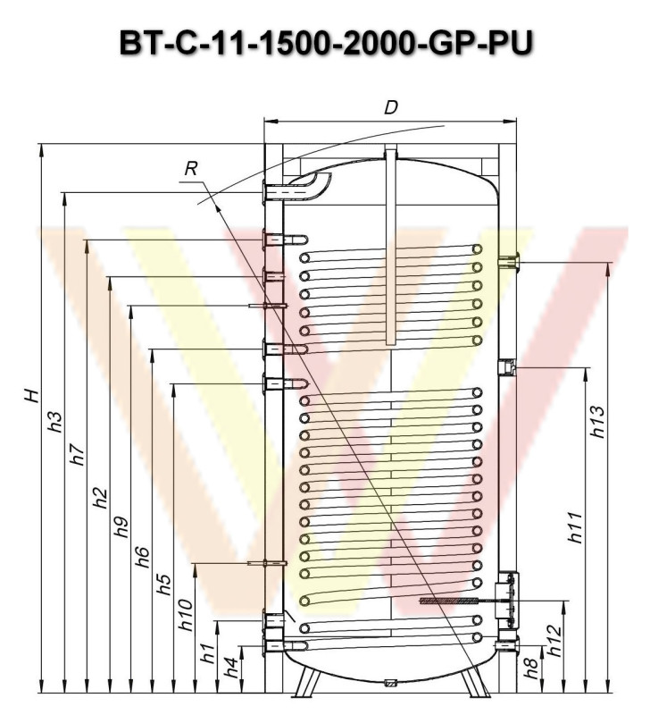 Бойлер с двумя теплообменниками BT-С-11-1500-GP-PU чертеж